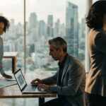 Profissional usando notebook com painéis de dados e interface digital, para o artigo Empreendedorismo por Oportunidade, Ne...
