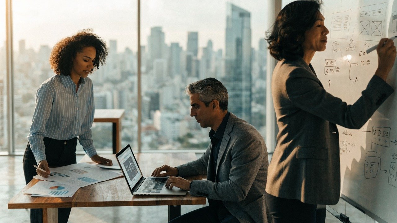 Profissional usando notebook com painéis de dados e interface digital, para o artigo Empreendedorismo por Oportunidade, Ne...