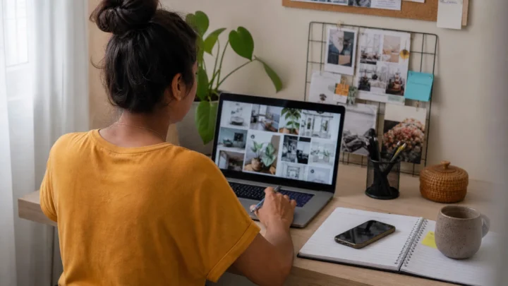Profissional analisando estratégias de renda no Pinterest em um notebook