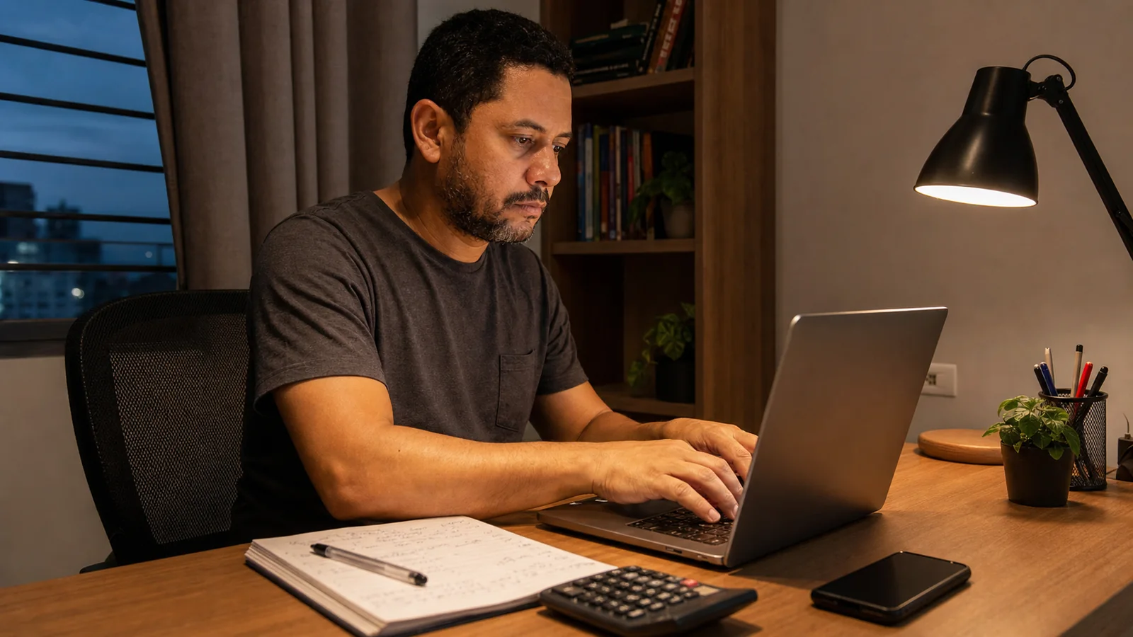 Profissional realizando trabalho de digitação em um escritório doméstico
