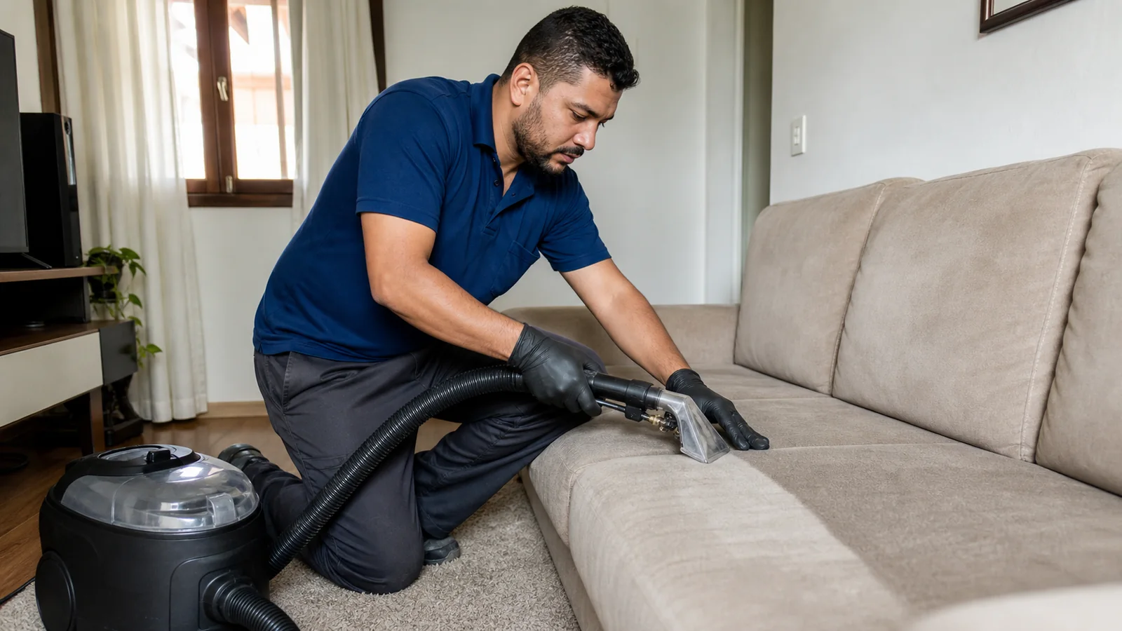 Profissional realizando lavagem de estofado residencial