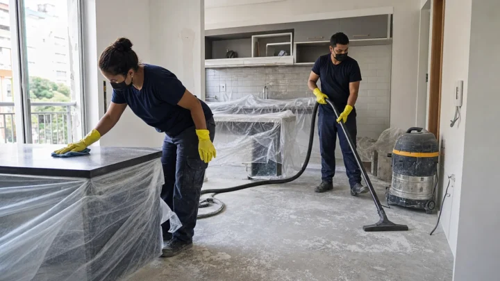 Equipe profissional fazendo limpeza cuidadosa após uma obra