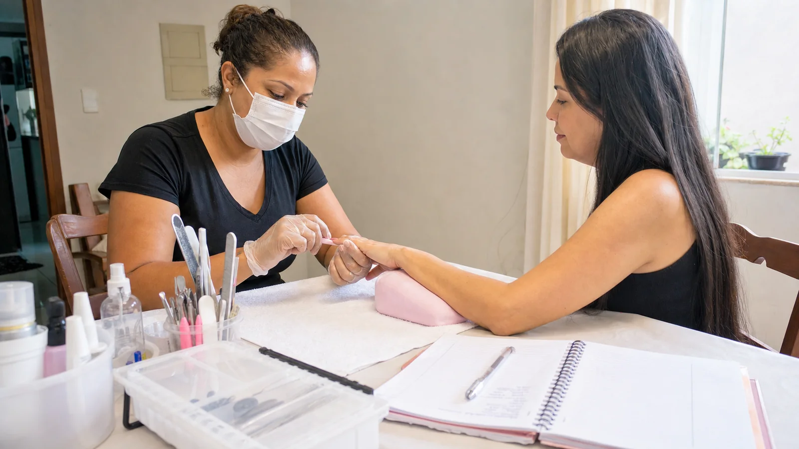 Manicure atendendo cliente em domicílio com materiais organizados