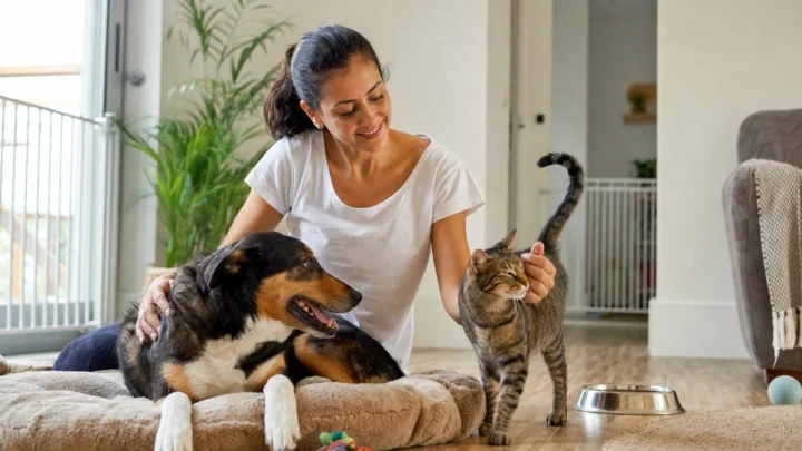 Cuidadora recebendo cães para hospedagem domiciliar segura