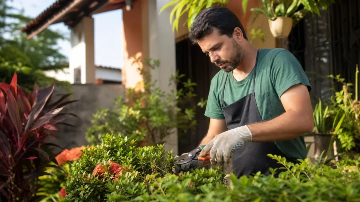 Jardineiro profissional cuidando de jardim residencial