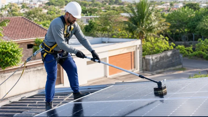 Profissional com equipamentos de segurança limpando painéis solares
