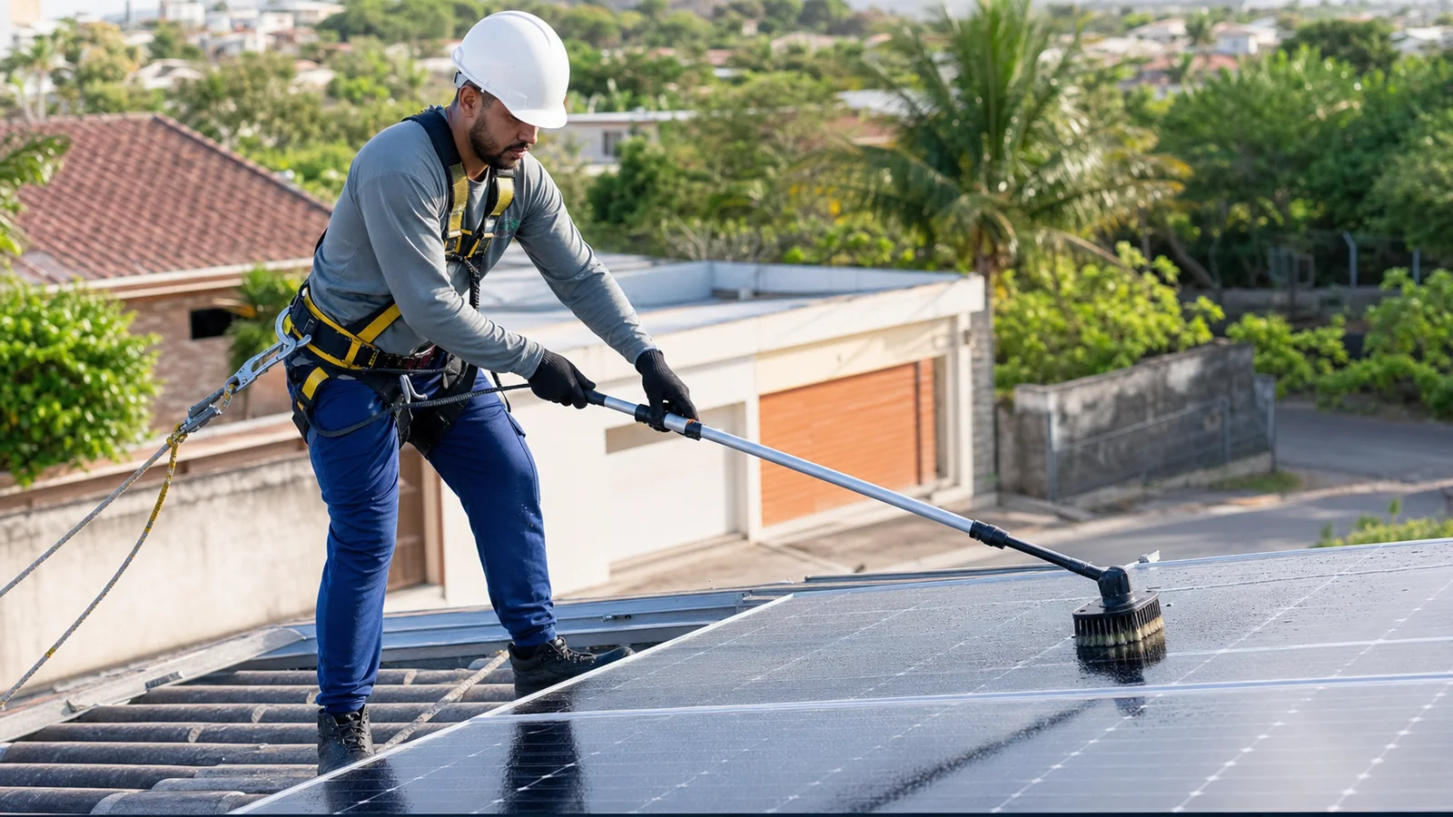Profissional com equipamentos de segurança limpando painéis solares