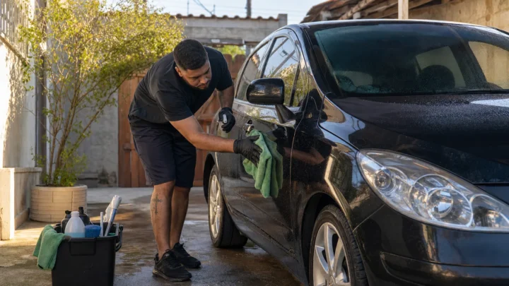 Profissional realizando lavagem ecológica de carro em domicílio
