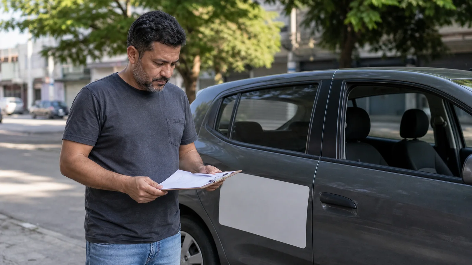 Motorista analisando contrato de publicidade para carro particular