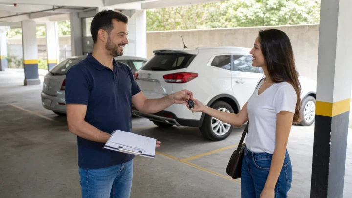 Proprietário entregando acesso de vaga de garagem a uma locatária