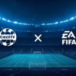 Pessoa brasileira trabalhando em ambiente digital profissional no notebook e no celular para ilustrar CazéTV e FIFA, com foco em criação de.