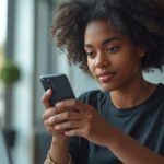 Pessoa brasileira trabalhando em ambiente digital profissional usando o celular e produtos organizados para ilustrar Como abrir conta.