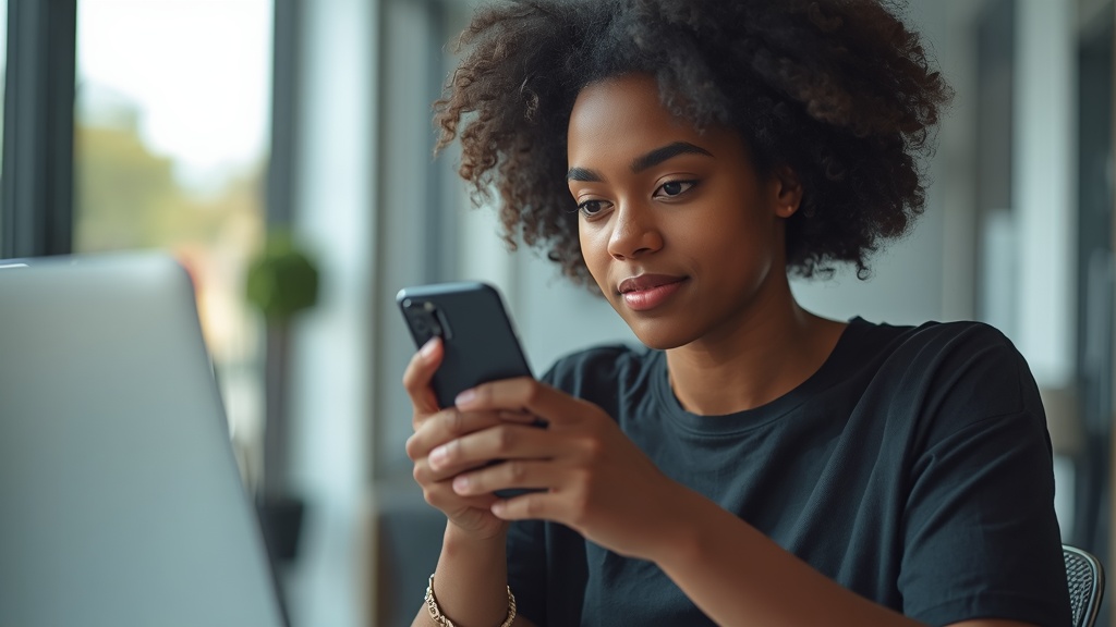 Pessoa brasileira trabalhando em ambiente digital profissional usando o celular e produtos organizados para ilustrar Como abrir conta.