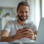 Pessoa brasileira trabalhando em ambiente digital profissional usando o celular e produtos organizados para ilustrar Como criar e crescer.