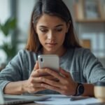 Pessoa brasileira trabalhando em ambiente digital profissional usando o celular e produtos organizados para ilustrar Como fazer a primeira.