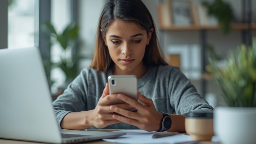 Pessoa brasileira trabalhando em ambiente digital profissional usando o celular e produtos organizados para ilustrar Como fazer a primeira.