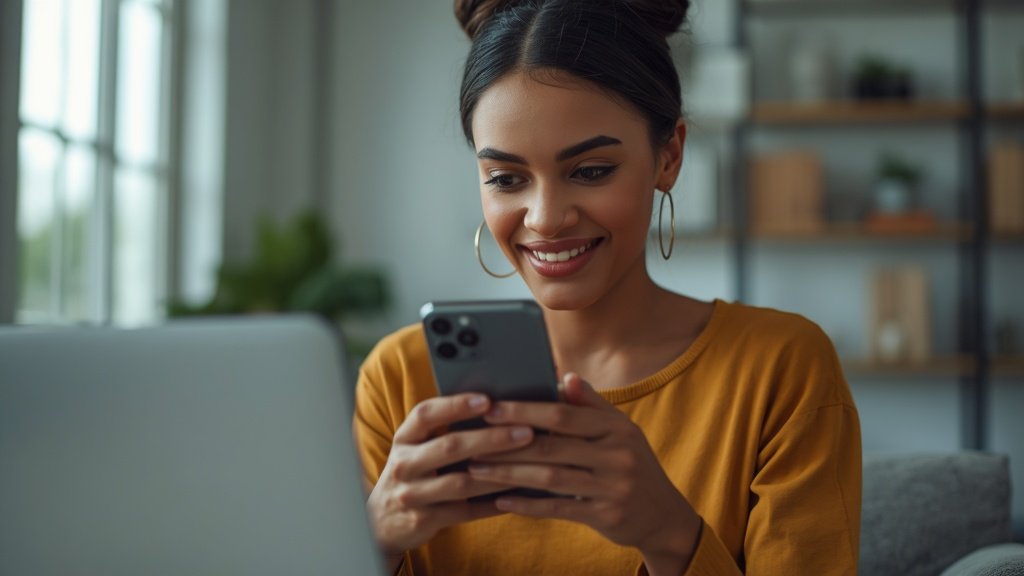 Pessoa brasileira trabalhando em ambiente digital profissional usando o celular e produtos organizados para ilustrar Como fazer renda extra.