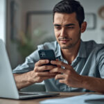 Pessoa brasileira trabalhando em ambiente digital profissional usando o celular e produtos organizados para ilustrar Como gerar links de.