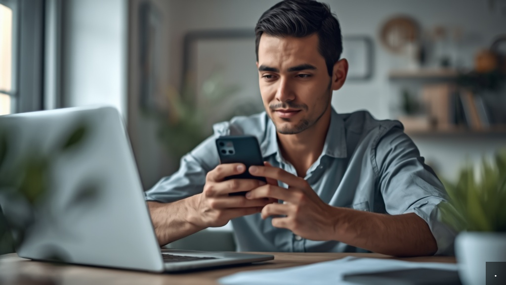 Pessoa brasileira trabalhando em ambiente digital profissional usando o celular e produtos organizados para ilustrar Como gerar links de.