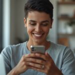 Pessoa brasileira trabalhando em ambiente digital profissional usando o celular e produtos organizados para ilustrar Como ser afiliado do.