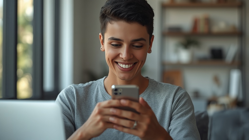 Pessoa brasileira trabalhando em ambiente digital profissional usando o celular e produtos organizados para ilustrar Como ser afiliado do.