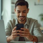 Pessoa brasileira trabalhando em ambiente digital profissional no notebook e no celular para ilustrar Como usar o Shopee Vídeo para vender.