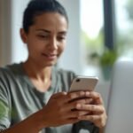 Pessoa brasileira trabalhando em ambiente digital profissional usando o celular e produtos organizados para ilustrar Como vender na Shopee.