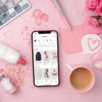 Pessoa brasileira trabalhando em ambiente digital profissional usando o celular e produtos organizados para ilustrar Como vender pelo.