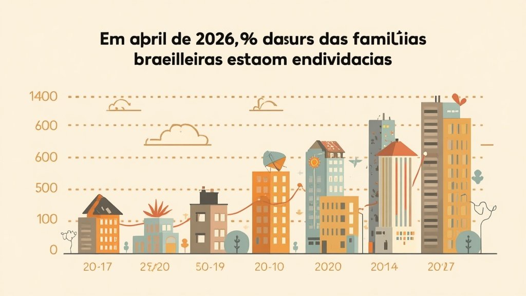 Pessoa brasileira trabalhando em ambiente digital profissional para ilustrar Famílias endividadas, com mesa organizada, dispositivos.