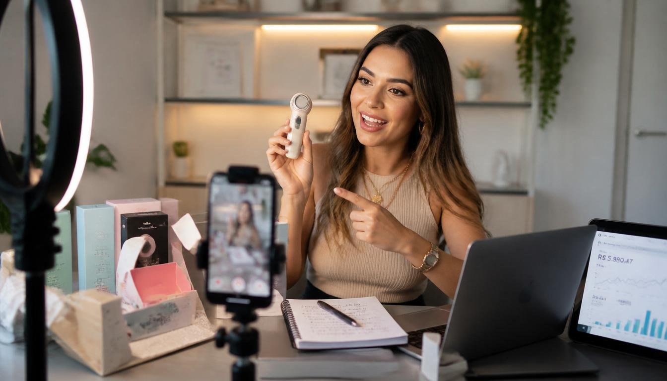Mulher sorridente mostra um pequeno aparelho de beleza para a câmera do celular em um tripé com ring light.