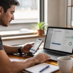 Homem olhando para a tela de um notebook que exibe um formulário de cadastro de afiliado.