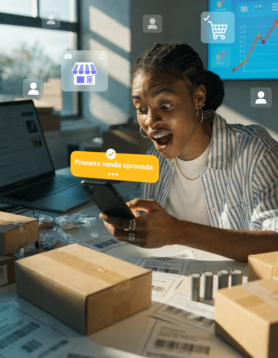 Mulher sorridente olha para o celular com notificação de primeira venda aprovada, cercada por caixas de encomendas.