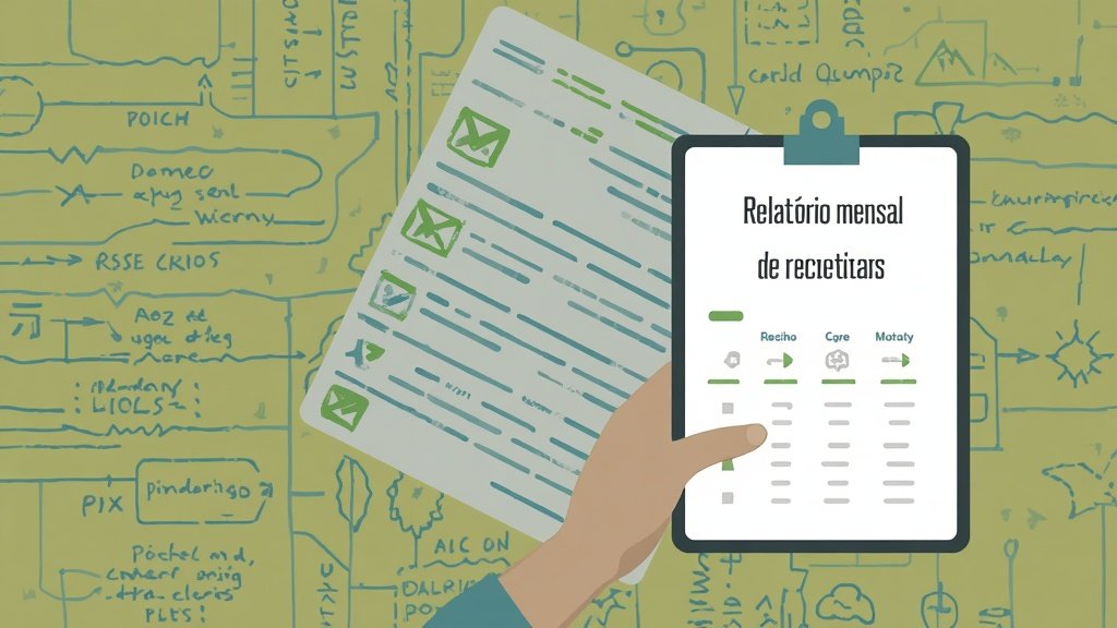 Pessoa brasileira trabalhando em ambiente digital profissional para ilustrar Relatório Mensal de Receitas do MEI, com mesa organizada.