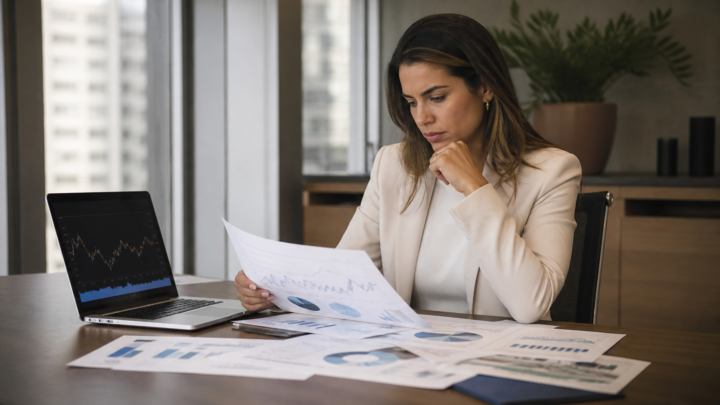 Investidora estudando relatórios e gráfico de banco de investimentos