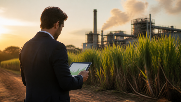 Investidor analisando empresa de energia perto de plantação de cana