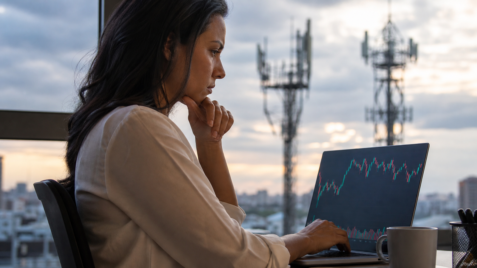 Investidora analisando ação de telecomunicações e gráfico volátil