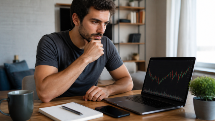 Investidor analisando gráfico volátil de criptomoeda