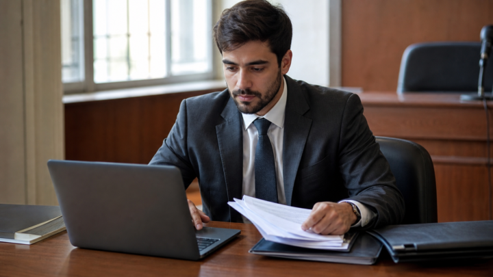 Advogado correspondente trabalhando com documentos e notebook