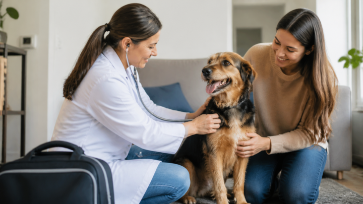 Veterinária atendendo cachorro na casa da tutora