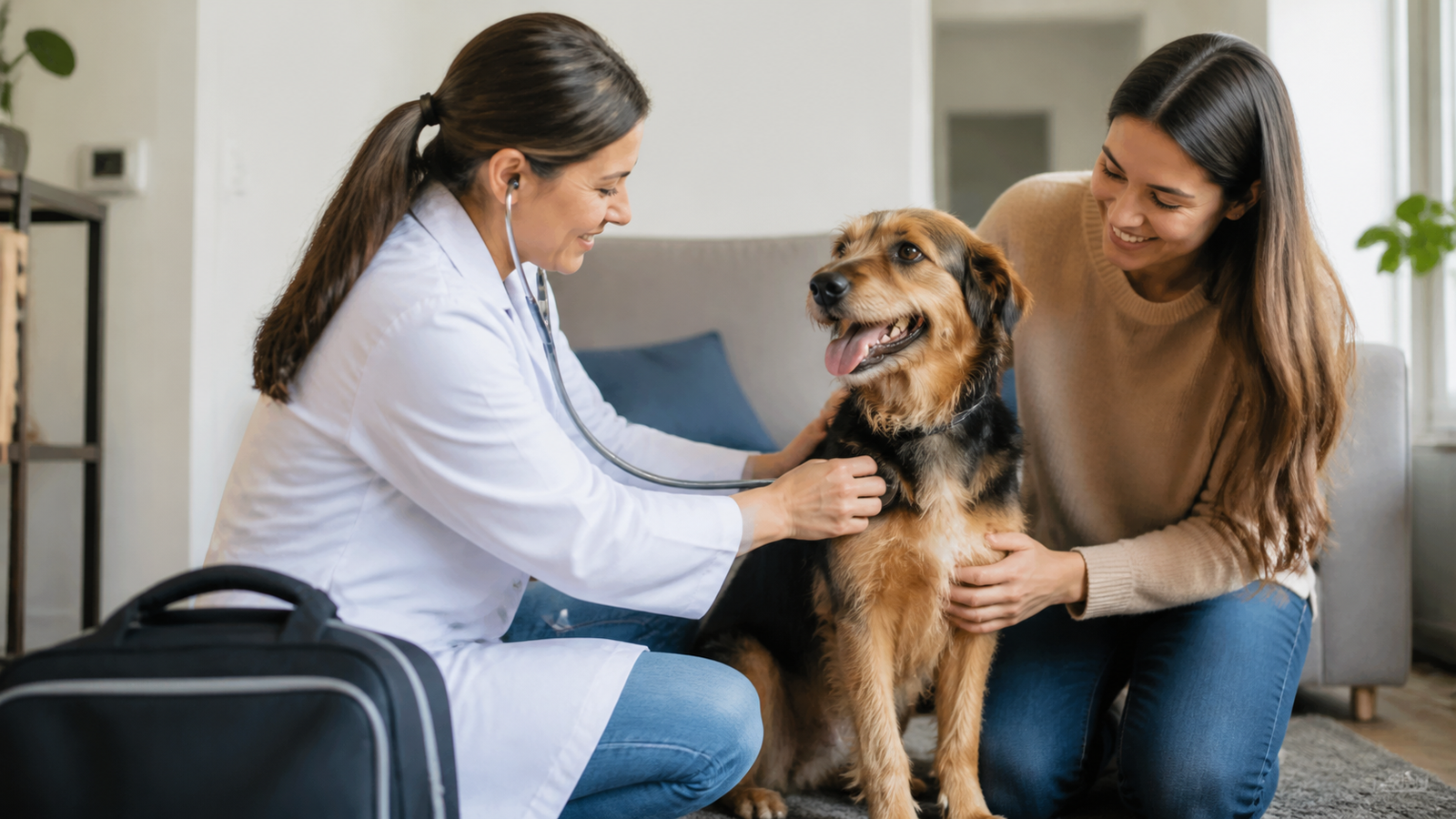 Veterinária atendendo cachorro na casa da tutora