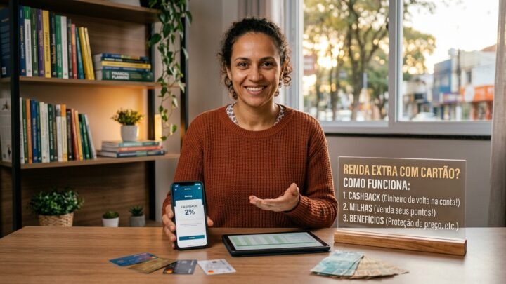 Uma especialista em finanças, com expressão confiante e acolhedora, apresenta um guia visual prático para gerar receita adicional com o uso estratégico do cartão de crédito. Ela aponta para um totem transparente com as principais modalidades: