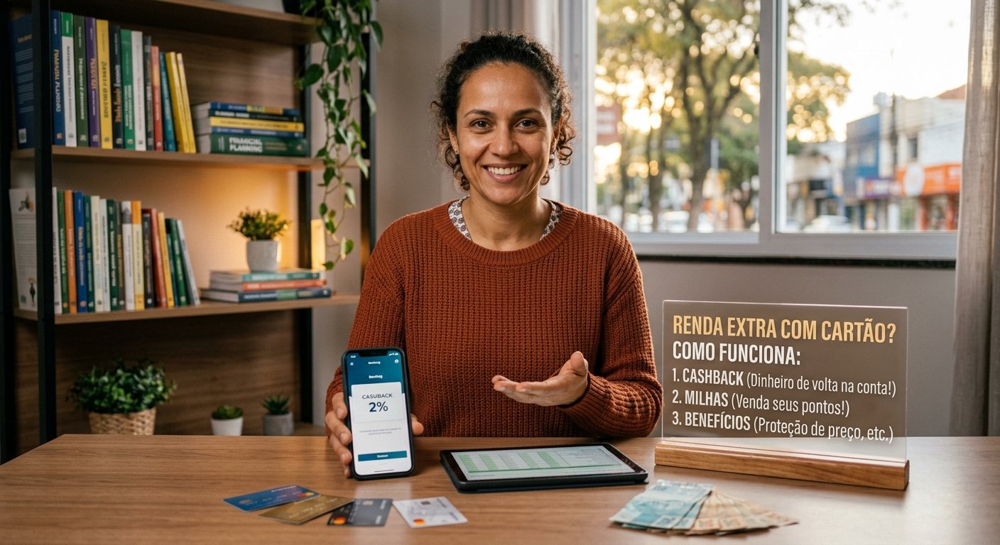Uma especialista em finanças, com expressão confiante e acolhedora, apresenta um guia visual prático para gerar receita adicional com o uso estratégico do cartão de crédito. Ela aponta para um totem transparente com as principais modalidades:
